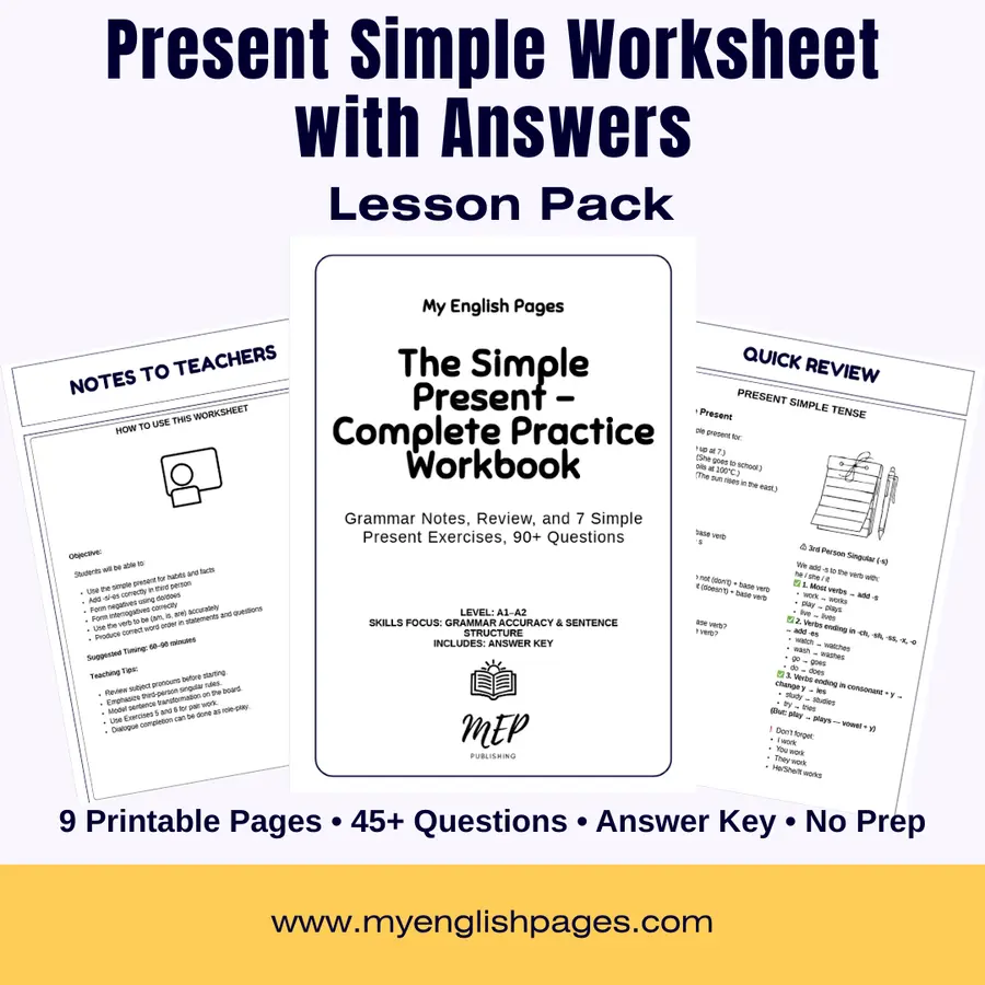 Present Simple Exercises PDF (Worksheet with Answers - Cover Mocup)
